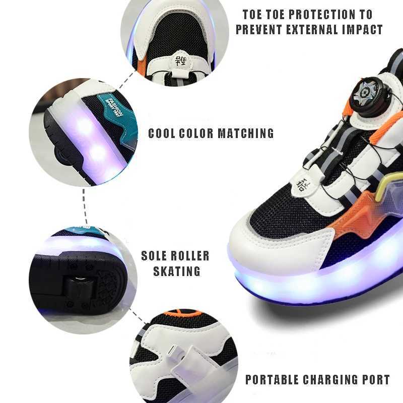 Athletic Outdoor Boys sneakers rotating button light roller skating pulleys shoes elementary childrens shoes Kids walking LED light shoes Girls H24112