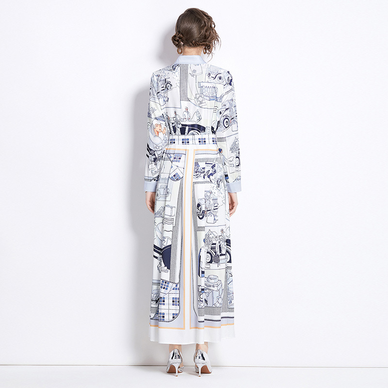 Shirt Collar Women Fashion Print Maxi Dress Button Long Sleeve Designer Elegant Ladies Casual Office Party Robes Frocks European Runway Clothing Femal