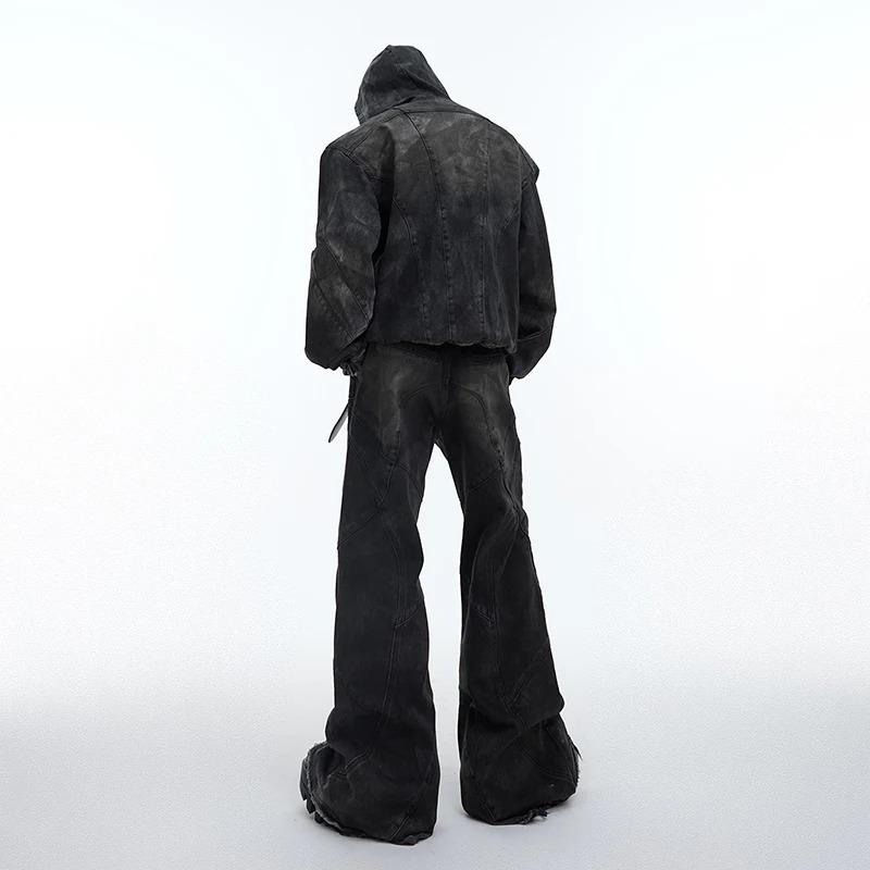 IEFB Autumn Winter Mens Denim Set Niche Heavy Vintage Shoulder Pads Hooded Denim Jacket Two Piece Baggy Wide Leg Jeans 9C3250 240415