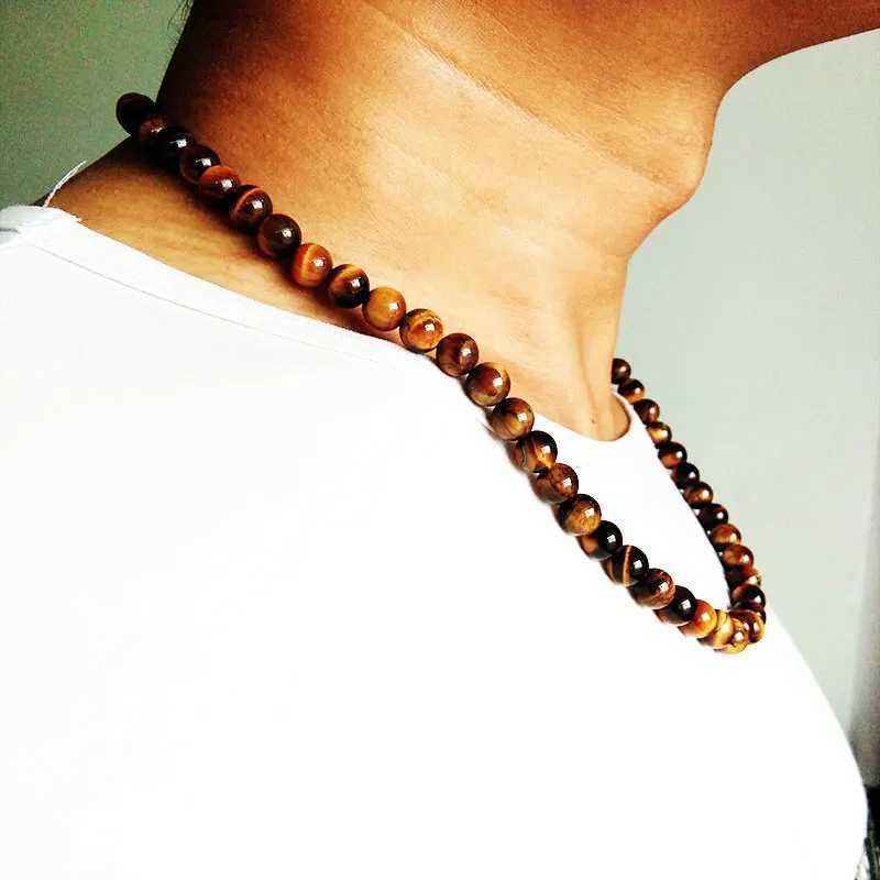 Trendy Men Necklace 6/8mm Black Lava Stone Yellow Tiger Eye Choker Rock Beads Necklace Men Jewelry Handmade Collar DropshippingX241122