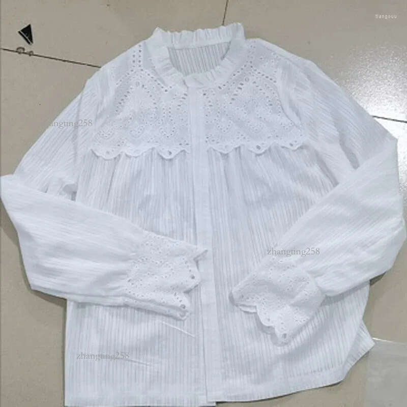 Women's Blouses Fashion Hollow Out White Lace Shirt Woman Long Sleeve Stand Collar Casual Blouse Elegant Single Breasted Tops Blusas 29363