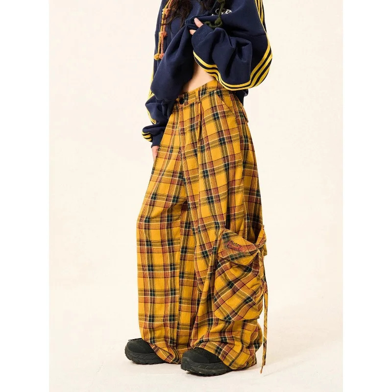 American Red Retro Checkered Korean Style Casual Pants for Women Trendy Y2k Autumn Large Pocket Straight Leg Wide Z260314