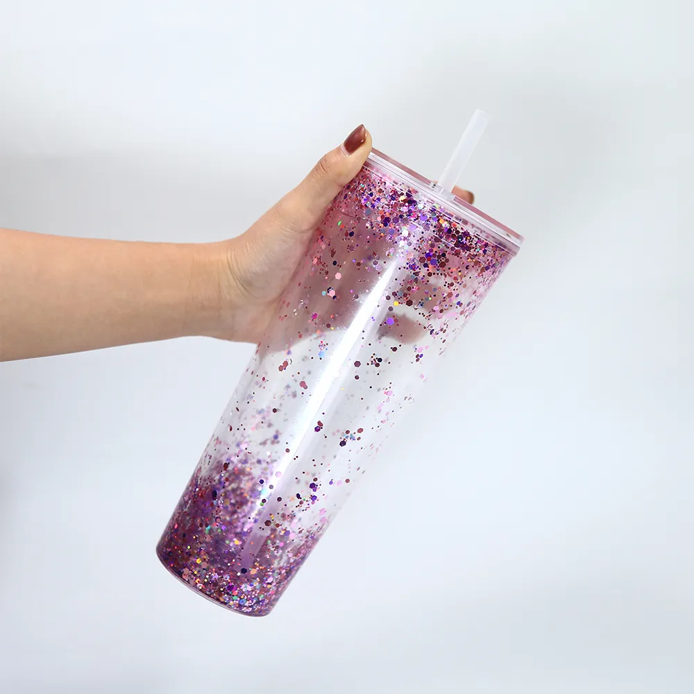 24oz double walled snow globe acrylic tumblers flat lid straw clear plastic drinking beverage cup with hole to fill glitter