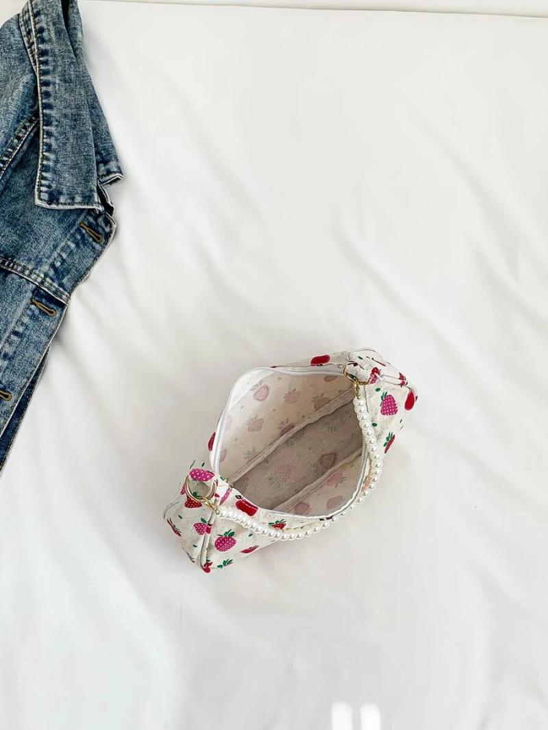 Free Shipping Shoulder Bags Fashionable Pearl Chain Cute Kawaii Strawberry Shaped Crescent Bag For Women Simple Casual Commuting Handbag Hobo