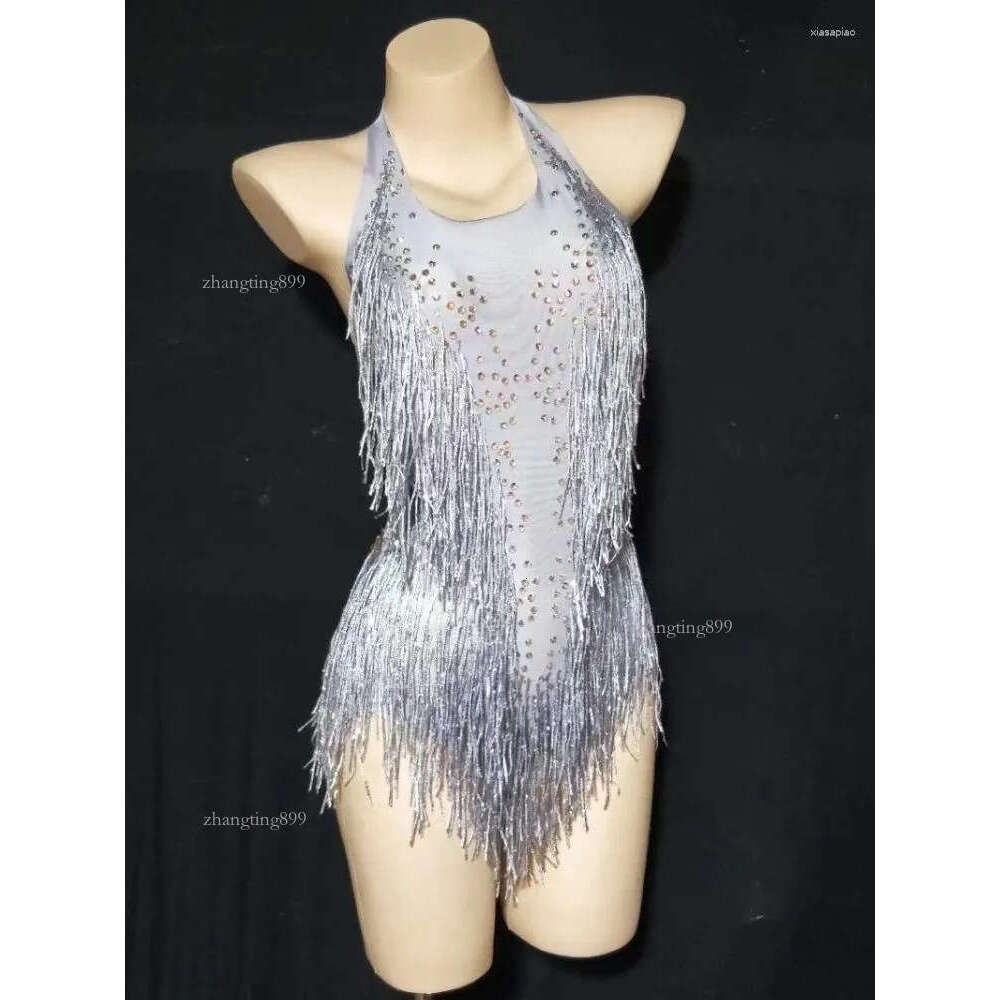 Stage Wear Multicolored Shining Tassel Fringe Rhinestones Halter Backless Sexy Women Leotard Bodysuit Nightclub Wears Pole Ballroom Cloth