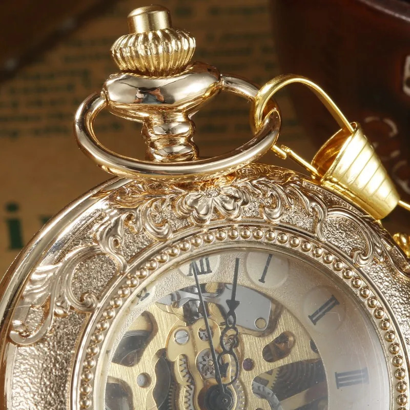 Gold Steampunk Pocket FOB Watch Chain Carving Double sided Open Case Handwind Mechanical Pocket Watch Relogio De Bolso 241122