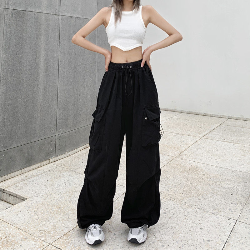 designer pants women Women Big Pockets Cargo Pants Y2k High Elastic Waist Drawstring Baggy Trousers Vintage Casual Loose Side Zipper Straight Pants