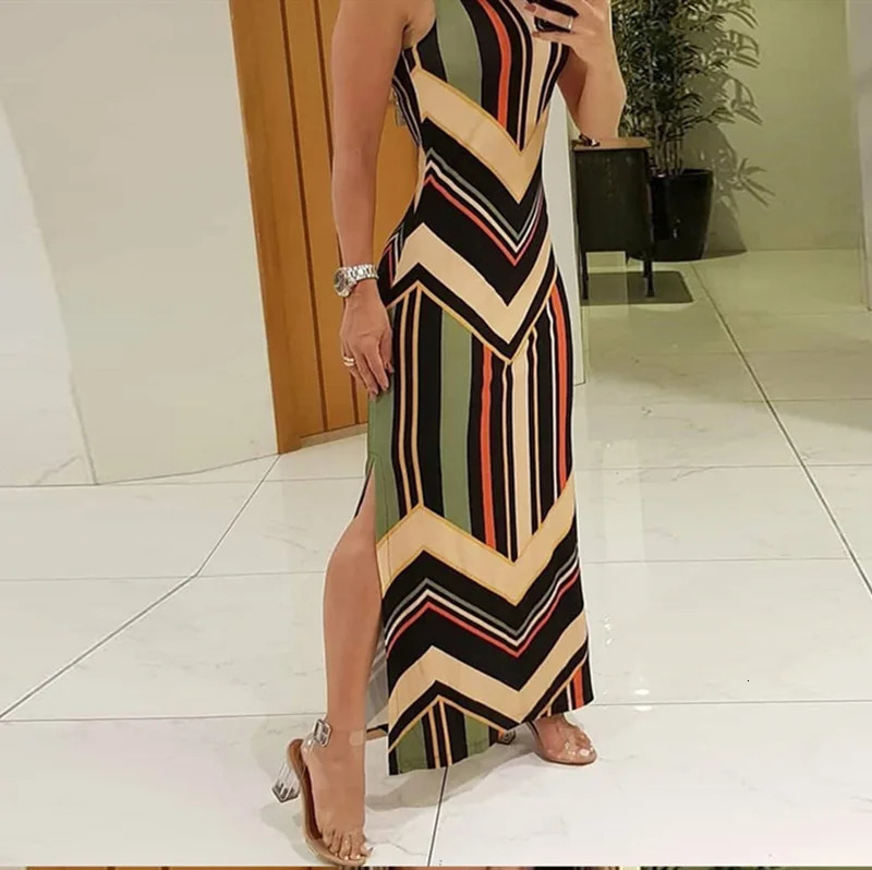 Colorful Striped Print Side Slit Maxi Dres Colorblock Sleeveless Slim Long Dresses 240419