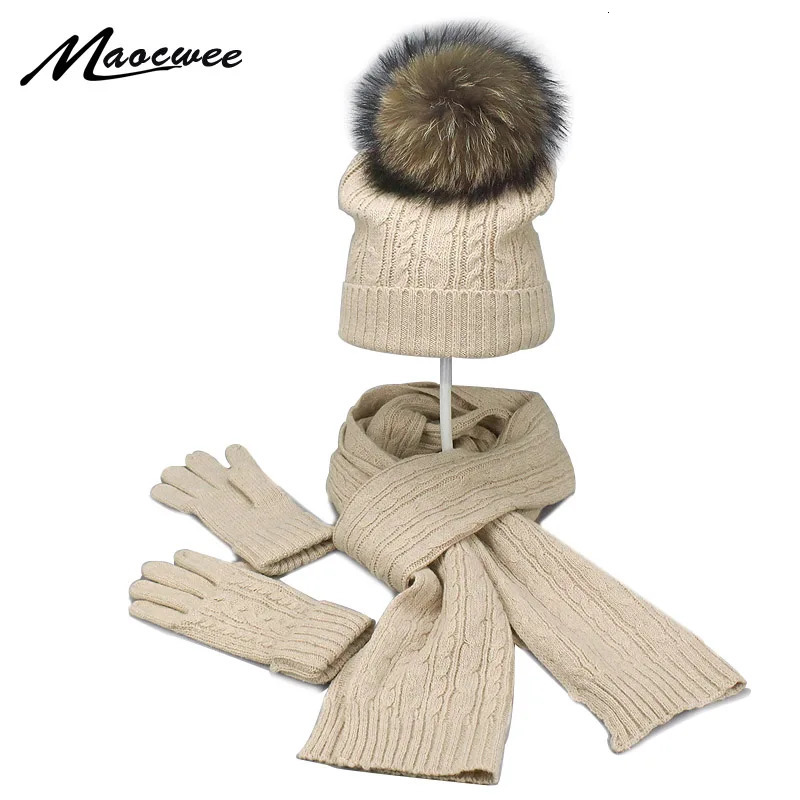 Real Fur Pompom Winter Knitted Hats For Women Hat Scarf Glove Set 3 Piece Sets Twist stripes Cap Gorros Bonnet Beanie Skullies 241122
