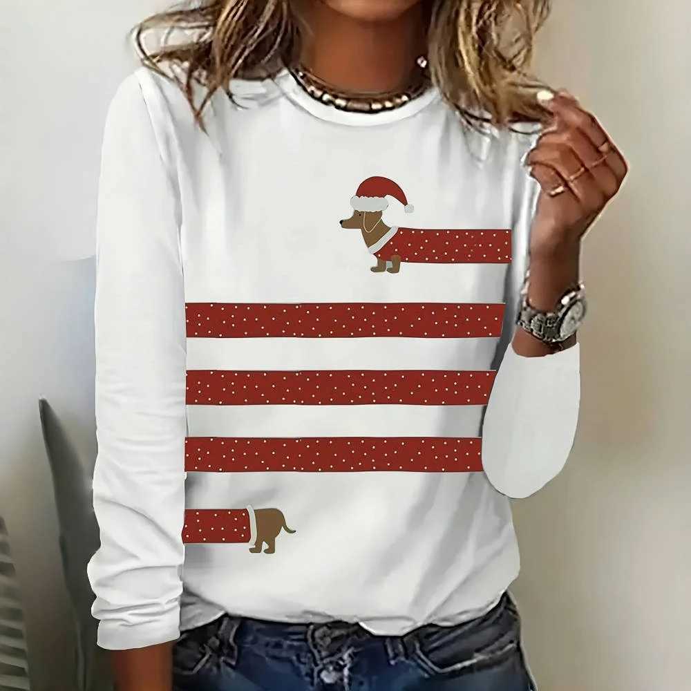 2024 New Womens Simple Striped T-Shirt Funny Christmas Dachshund Printed Long Sve T-Shirt Designer ClothingX241122