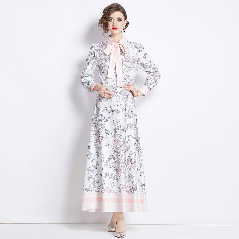 Shirt Collar Women Fashion Print Maxi Dress Button Long Sleeve Designer Elegant Ladies Casual Office Party Robes Frocks European Runway Clothing Femal