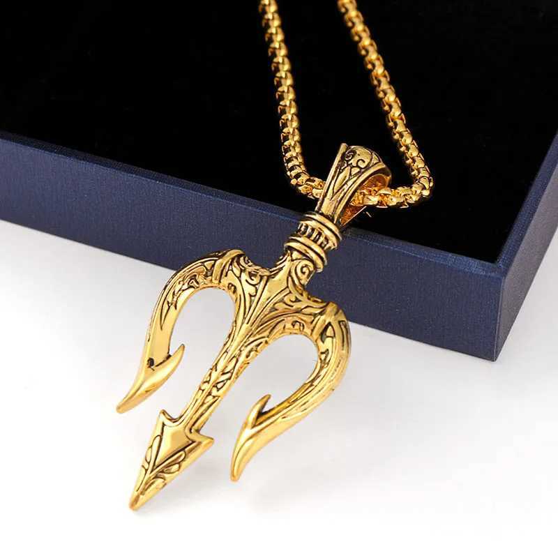 Men Stainless Steel Chain Antique Necklace Gold/Silver Color Trident Pendant Necklace Hip Hop Choker Homme Viking Jewelry GiftX241122