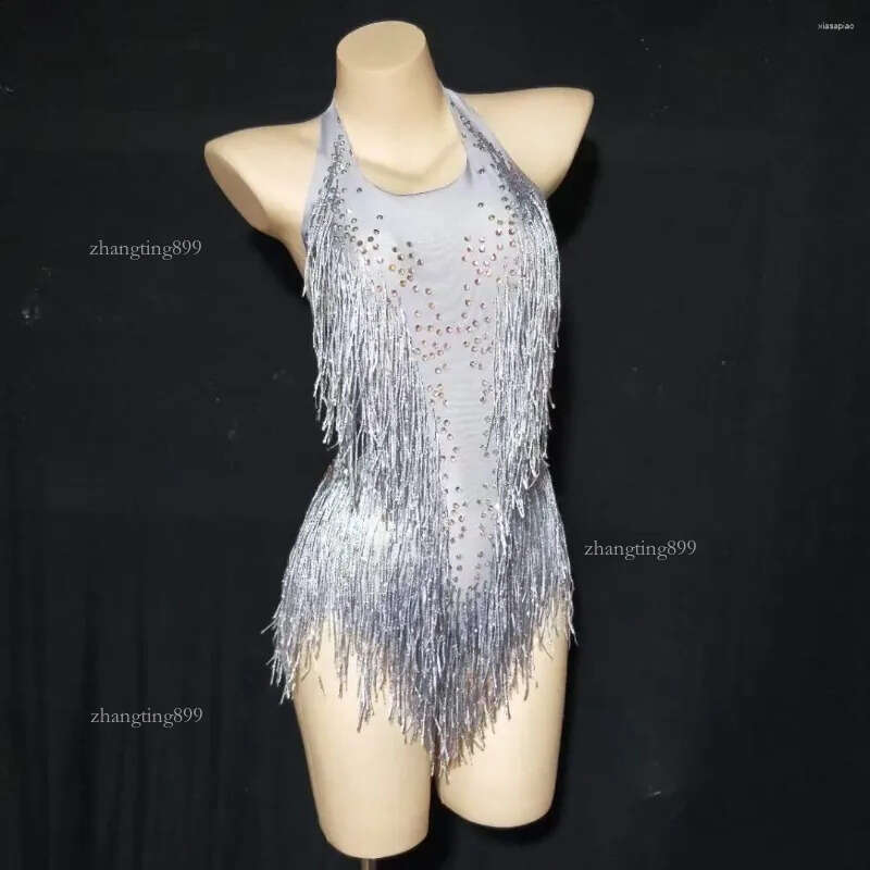 Stage Wear Multicolored Shining Tassel Fringe Rhinestones Halter Backless Sexy Women Leotard Bodysuit Nightclub Wears Pole Ballroom Cloth