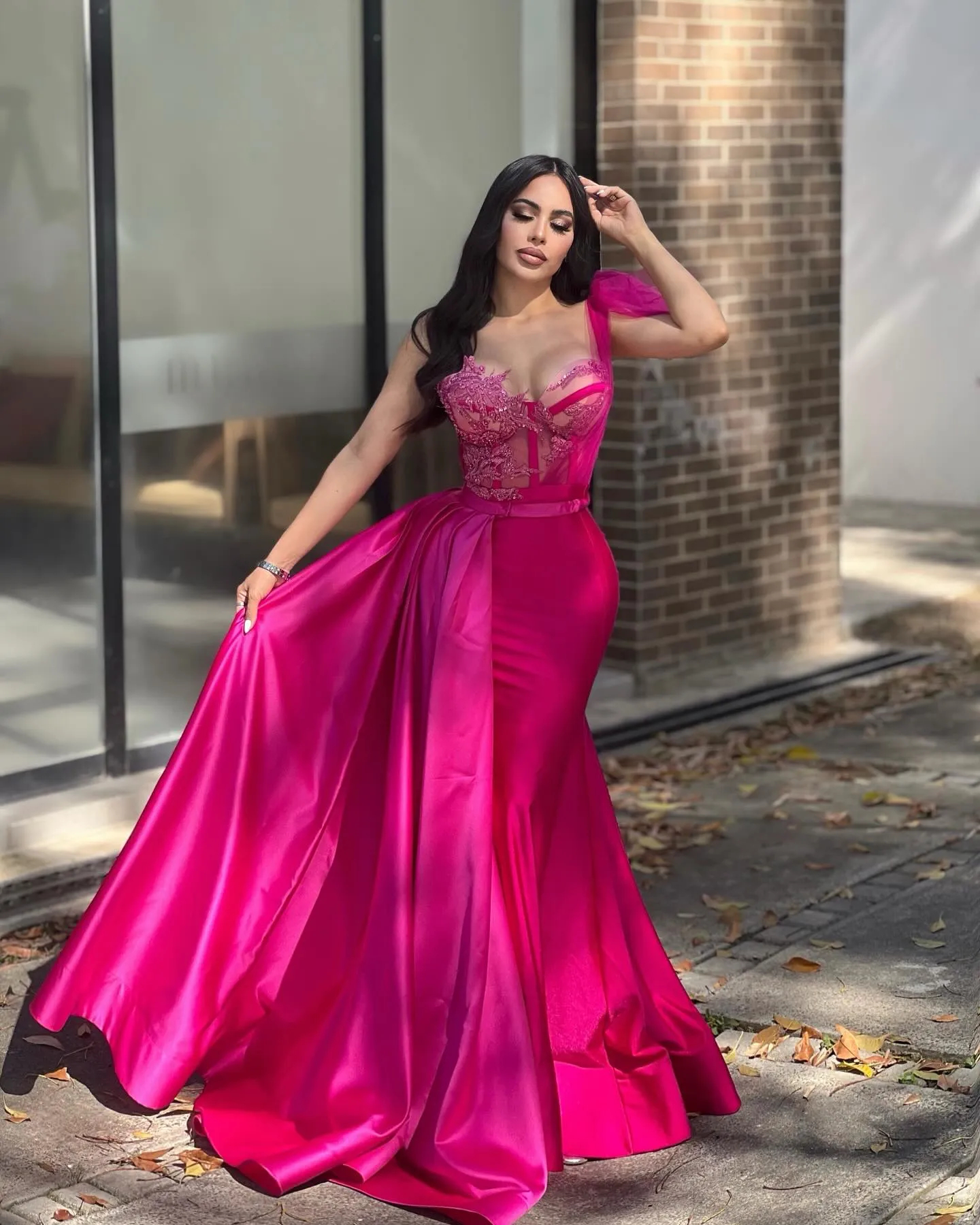 Sexy Fuchsia Mermaid Prom Dresses One Shoulder Strap Long Evening Dress For Women Sweetheart Neck Lace Appliques Beaded Special Occasion Gown Birthday