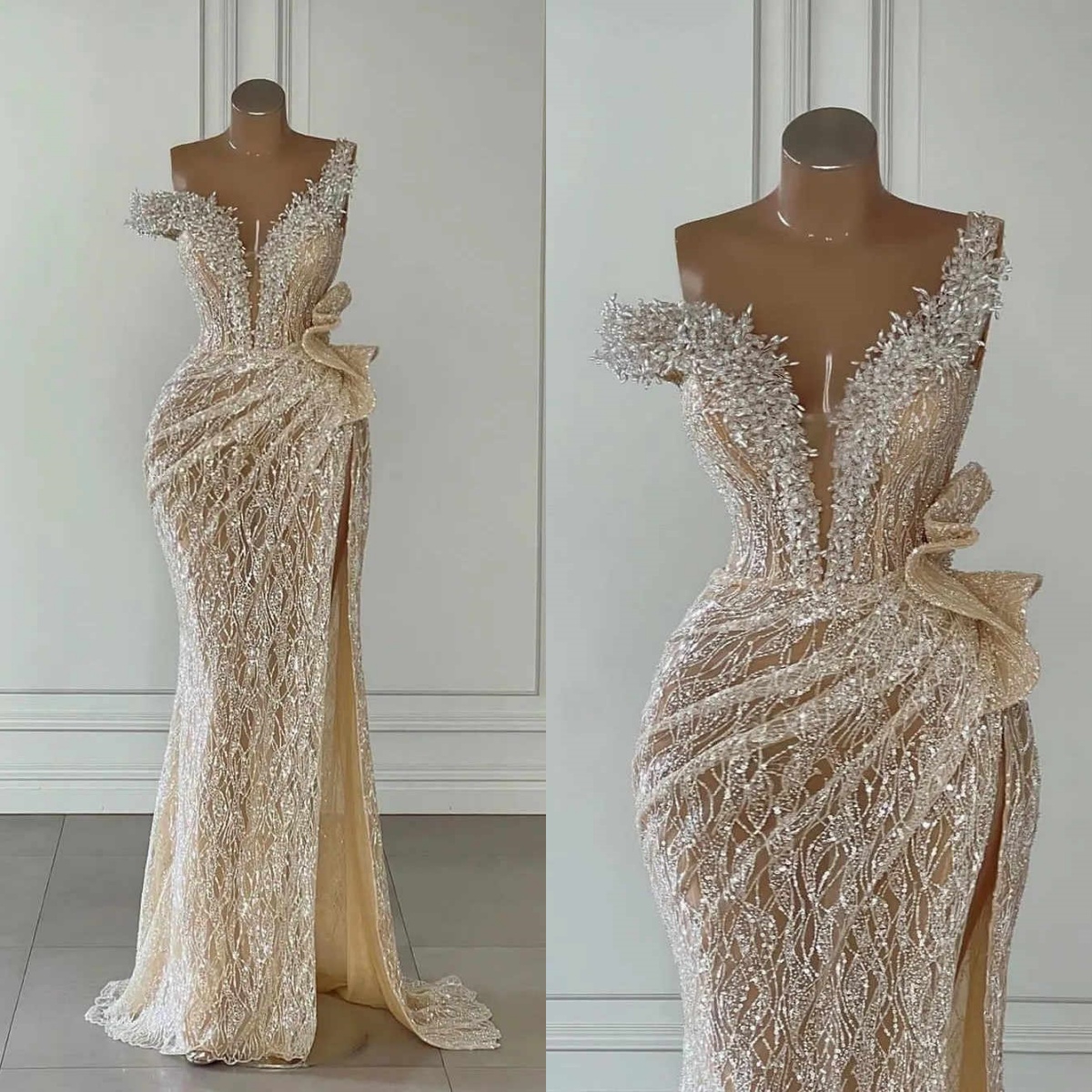 Luxury Sequins Mermaid Wedding Dresses One Shoulder Bridal Gowns Crystal High Split Custom Made Bride Dress Vestidos De Novia