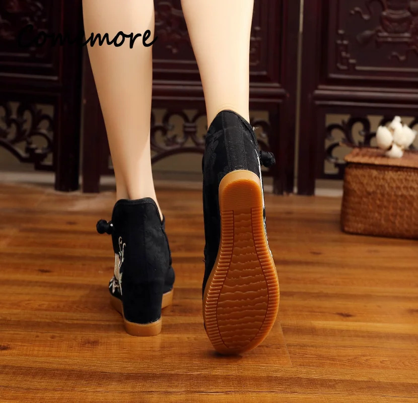 Comemore Chinese Embroidered Flowers Shoes Wedge Heel High Top Hidden Platform Ankle Strap Ladies Casual Canvas Shoe 241122