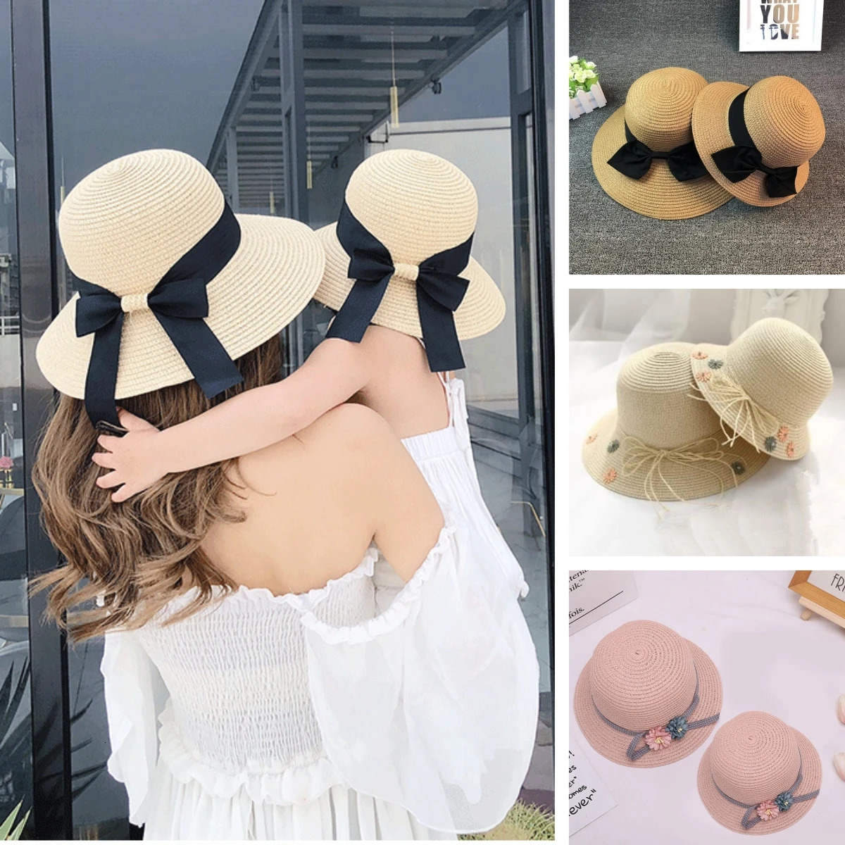 Summer Straw Hats for Beach Mom and Daughter Sun Panama Simple Bow Kid Girl Lady Sunshade Bohemia Vocation Cap 240415
