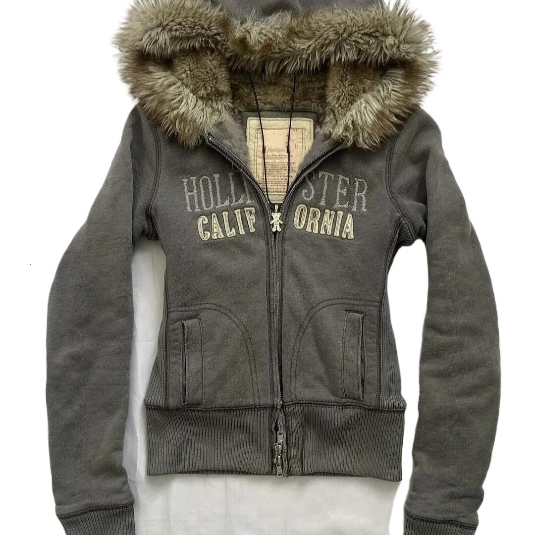 Autumn Winter Retro Cashmere Warm Hoodies Harajuku Women Letter Embroidery Zip Up Hoodie Thickening Fur Collar Jacket 241121