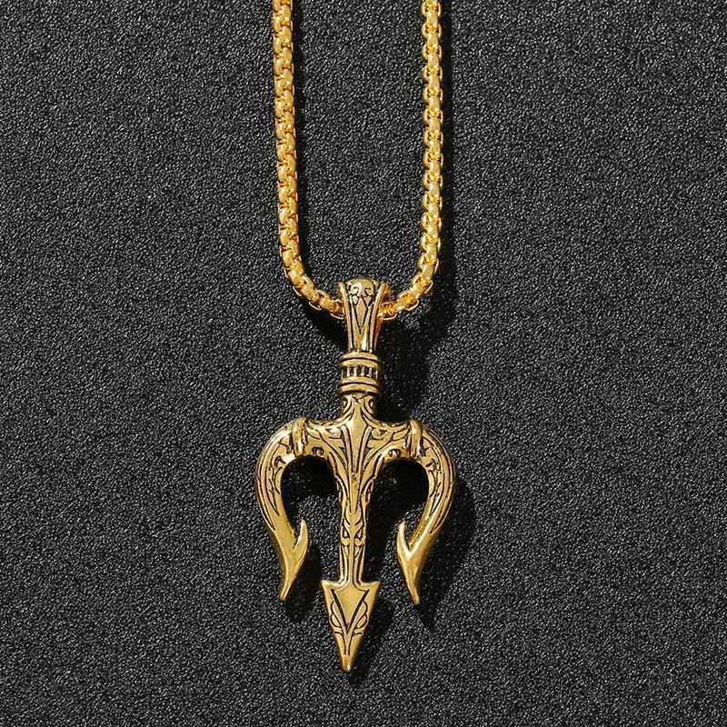 Men Stainless Steel Chain Antique Necklace Gold/Silver Color Trident Pendant Necklace Hip Hop Choker Homme Viking Jewelry GiftX241122