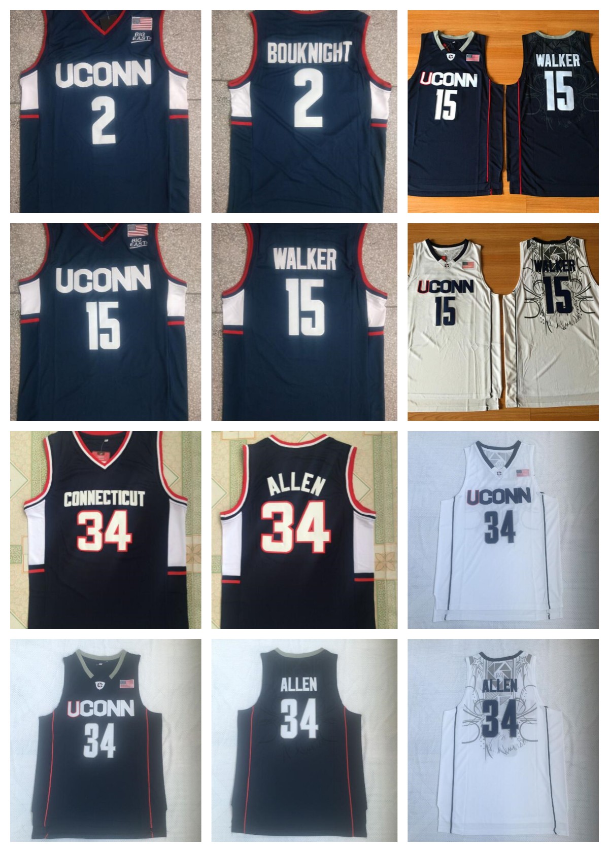 Stitched Men NCAA Uconn Huskies College Jerseys Kemba Walker 15 Bouknight 2 Ray Allen White 34 NAVY Basketball Jersey