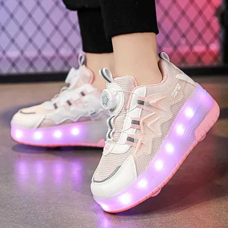 Athletic Outdoor Boys sneakers rotating button light roller skating pulleys shoes elementary childrens shoes Kids walking LED light shoes Girls H24112