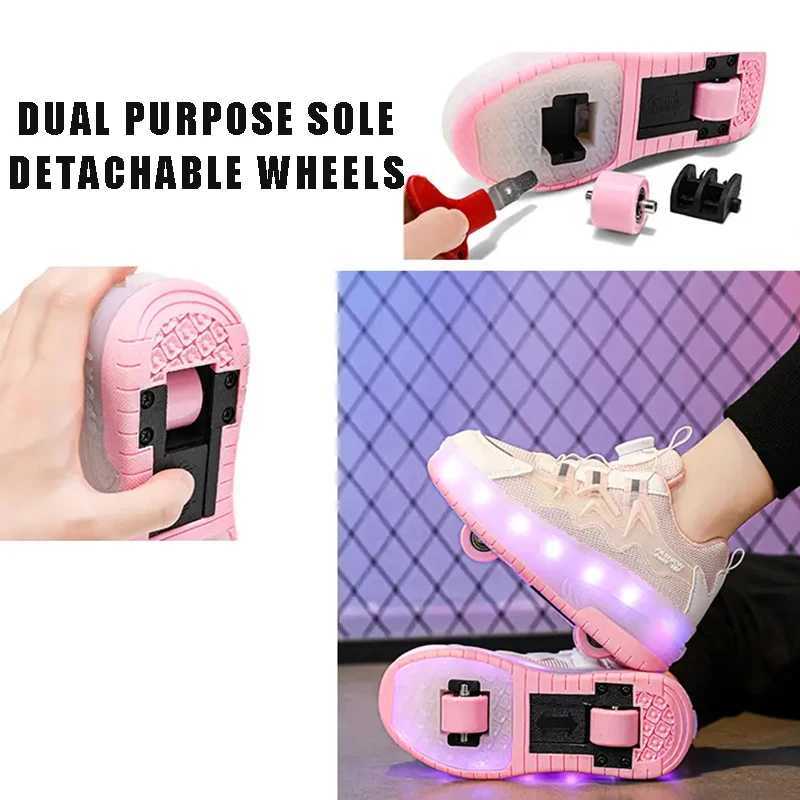 Athletic Outdoor Boys sneakers rotating button light roller skating pulleys shoes elementary childrens shoes Kids walking LED light shoes Girls H24112
