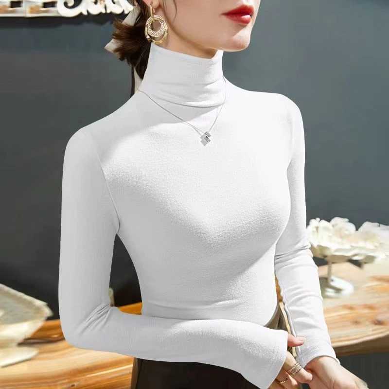 2023 Fashion Autumn Winter Fe Turtleneck Fce Stretch Shirt Women Long Sve T-shirt Warm Basic Pullover Bottoming TopsX241122