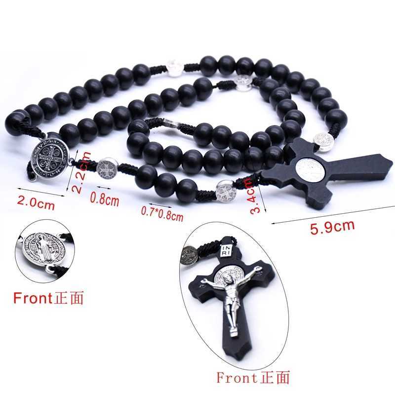 QIGO Religious Wooden Antique Black Cross Rosary Pendant Necklaces Jesus Saint Benedict Beaded Necklace for Men Women JewelryX241122