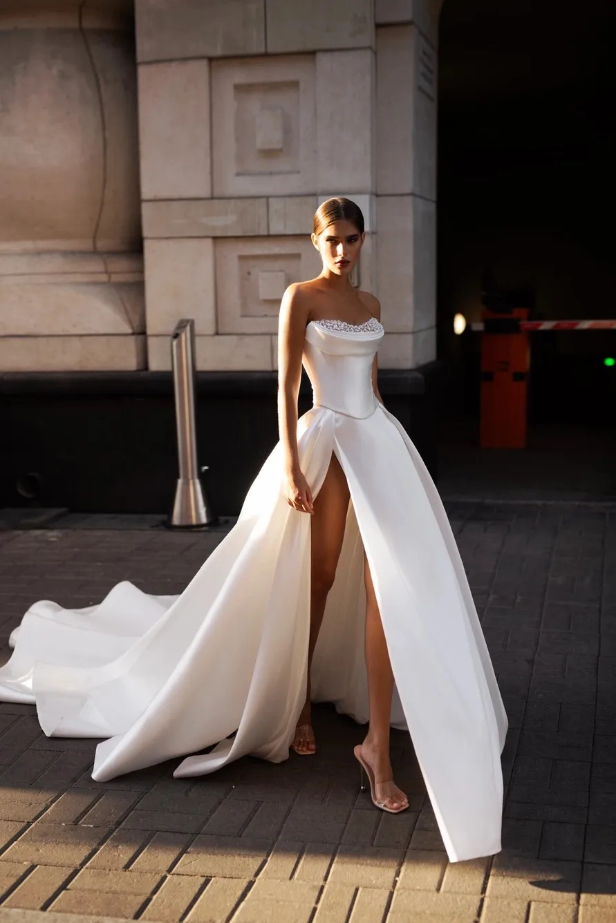High Quality A-line Wedding Dress Sweetheart Pearls Beads Side Slit Satin Women Bridal Gowns Sweep Train Vestidos De Novias Custom Made