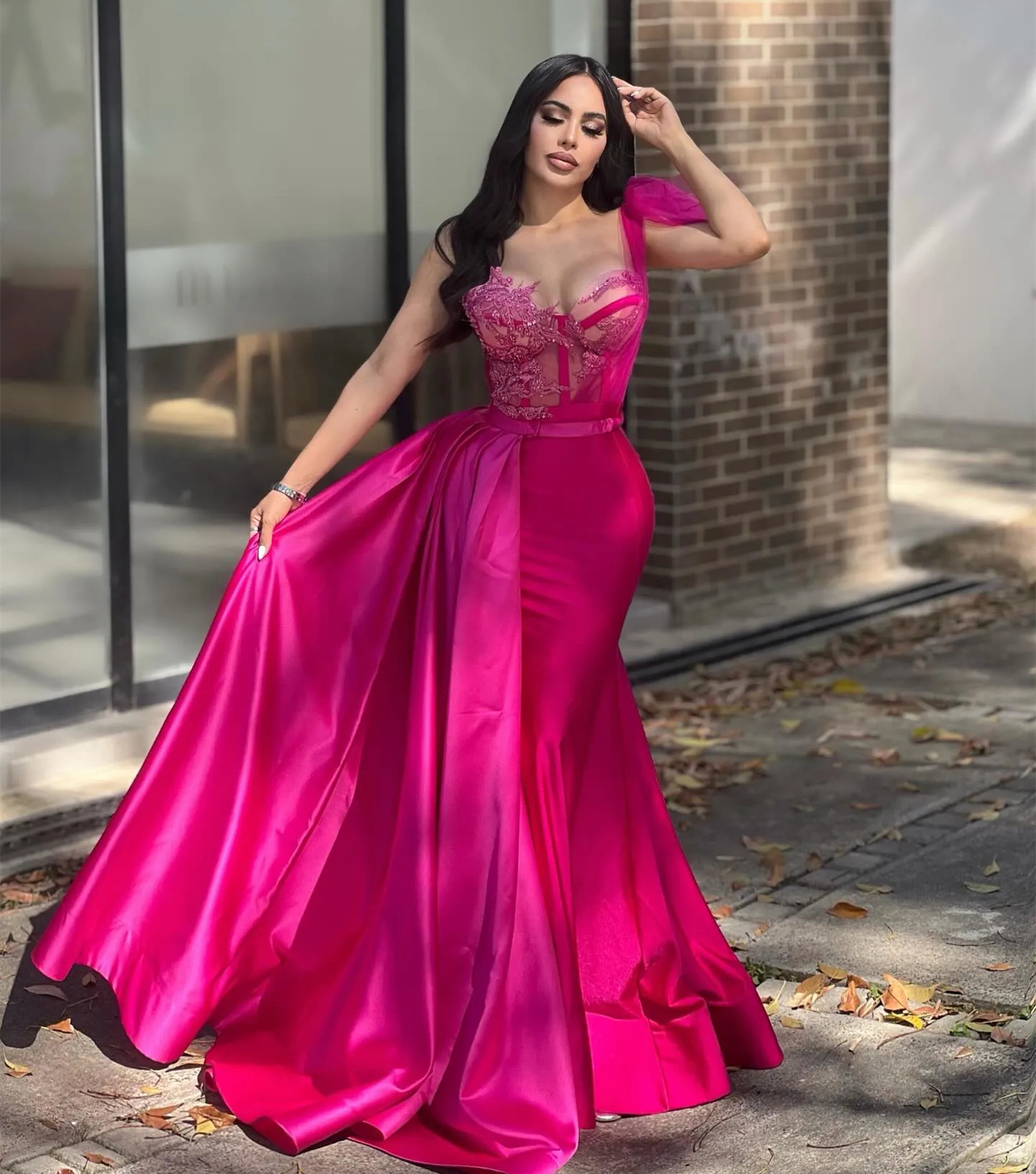 Sexy Fuchsia Mermaid Prom Dresses One Shoulder Strap Long Evening Dress For Women Sweetheart Neck Lace Appliques Beaded Special Occasion Gown Birthday