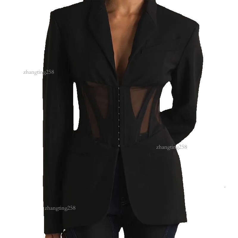 Women's Suits Black Casual Blazer For Women Sexy Mesh See Through Slim Blazers Autumn Winter Fashion Long Sleeve Button Club Party Coats