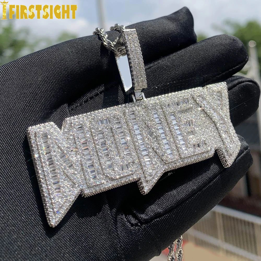 Iced Out Bling Letters Money Pendant Necklace Gold Silver Color Rectangle CZ Zircon Charm Mens Women Hip Hop Jewelry 241122