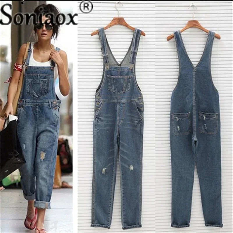 Casual streetwear hole denim jumpsuit womens loose pendant pocket pants waist straight jeans jumpsuit 241118