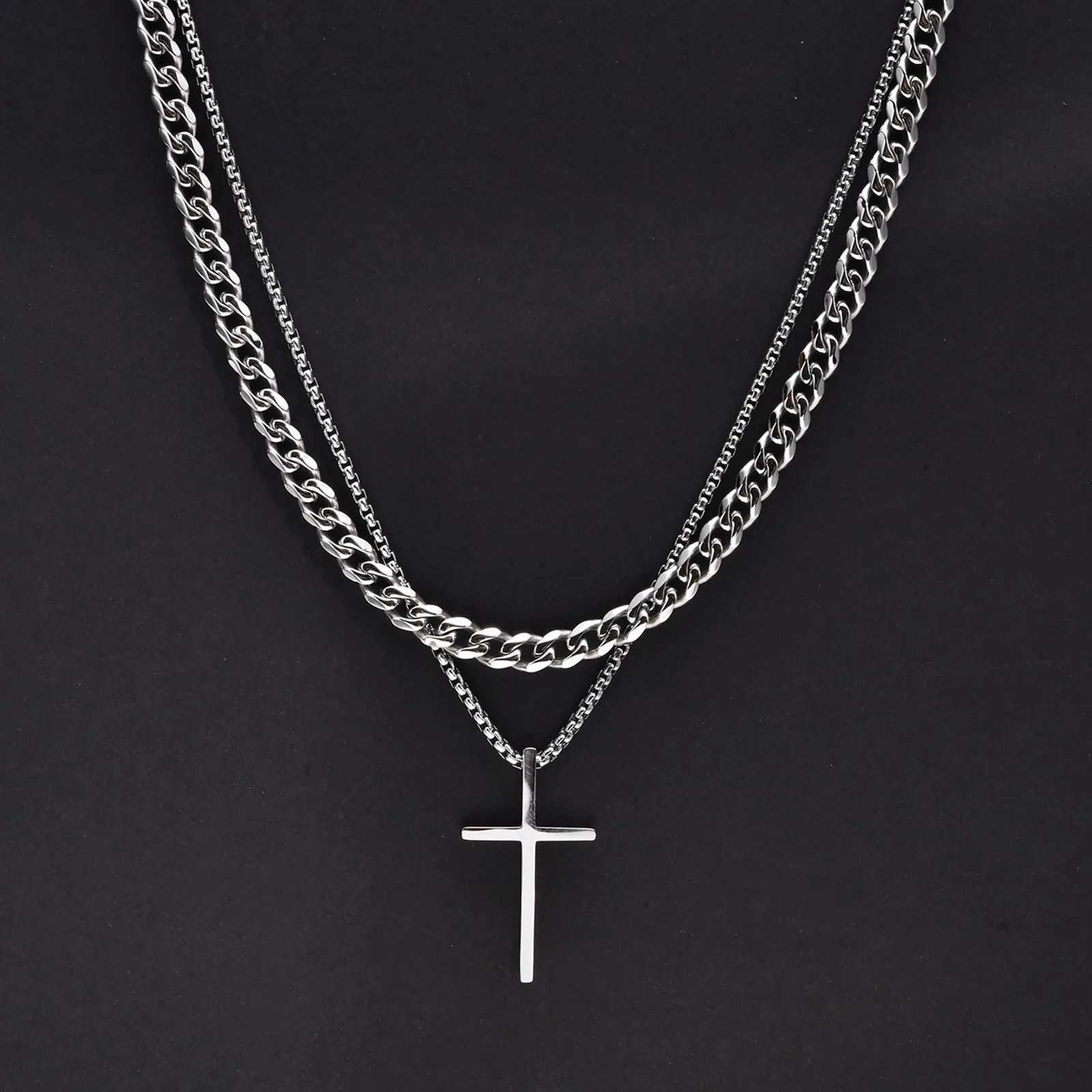 Vnox Dropshipping Mens Cross Necklaces Stainless Steel Layered Plain Cross Pendant Rope Box Chain NecklacePrayer Jesus CollarX241122