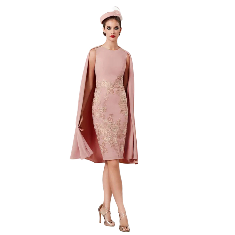 Elegant Knee Length Sheath Mother Of The Bride Dresses With Detachable Wrap Sleeveless Short Wedding Guest Dress for women Lace Applique Light Pink Fo