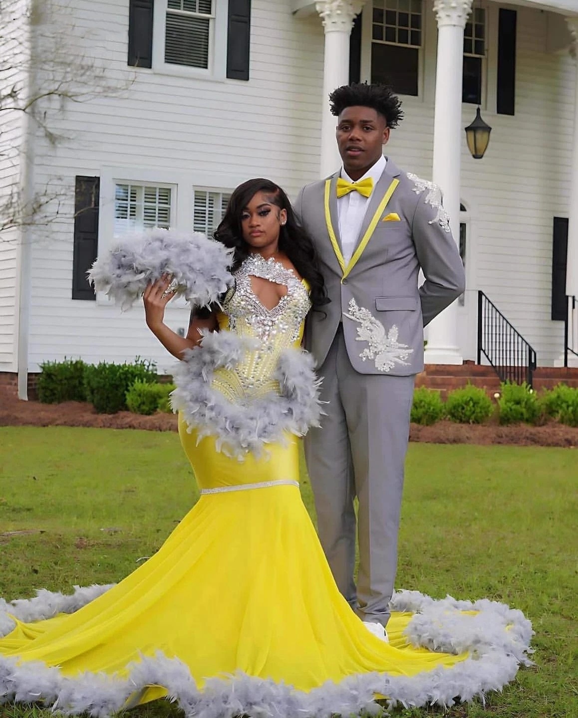 Glitter Yellow Prom Dress For Black Girls Sequin Rhinestone Feather Mermaid Evening Party Gowns Vestidos De Gala