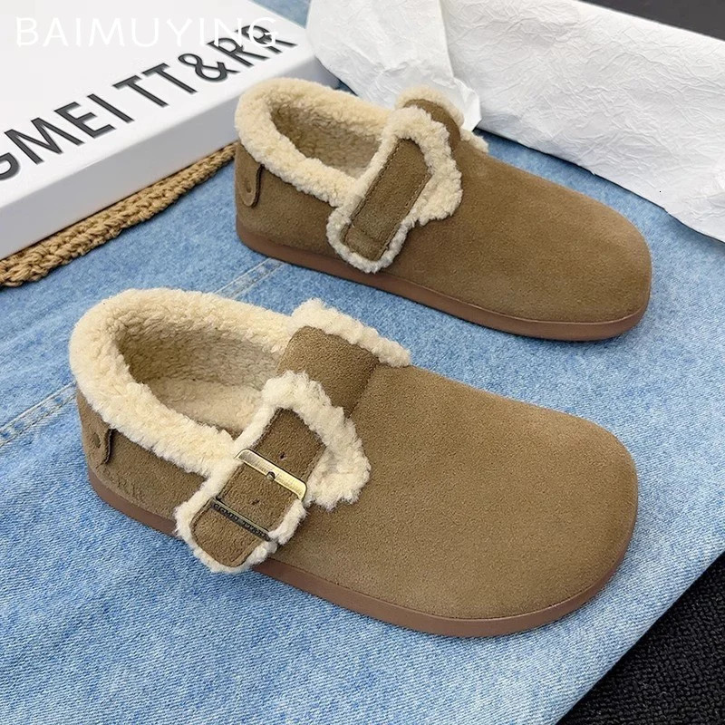 Fur Suede Women Flats Snow Boots Short Plush Casual Buckle Cotton Shoes Trend Walking Warm Cozy Winter Botas De Mujer 241122