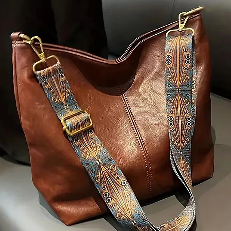 PU Leather Vintage Solid Color Women Fashion Shoulder Sling Bag HighCapacity Simple Adjustable Wide Strap Bucket Crossbody Bags 241203