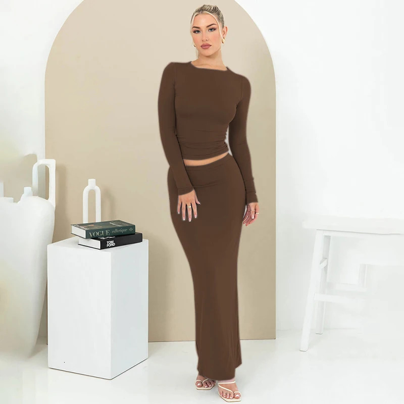 CUTENOVA Autumn Solid Round Collar Long Sleeves HalfLength Skirt Slim Suit Casual Women TwoPiece Set 240423