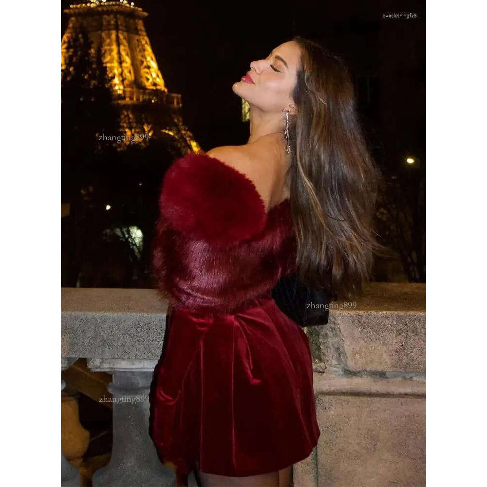 Casual Dresses Christmas Lady Elegant Faux Fur Red Strapless Mini Dress Women Chic Sleeveless Off Shoulder Slim Female Party Club Robes