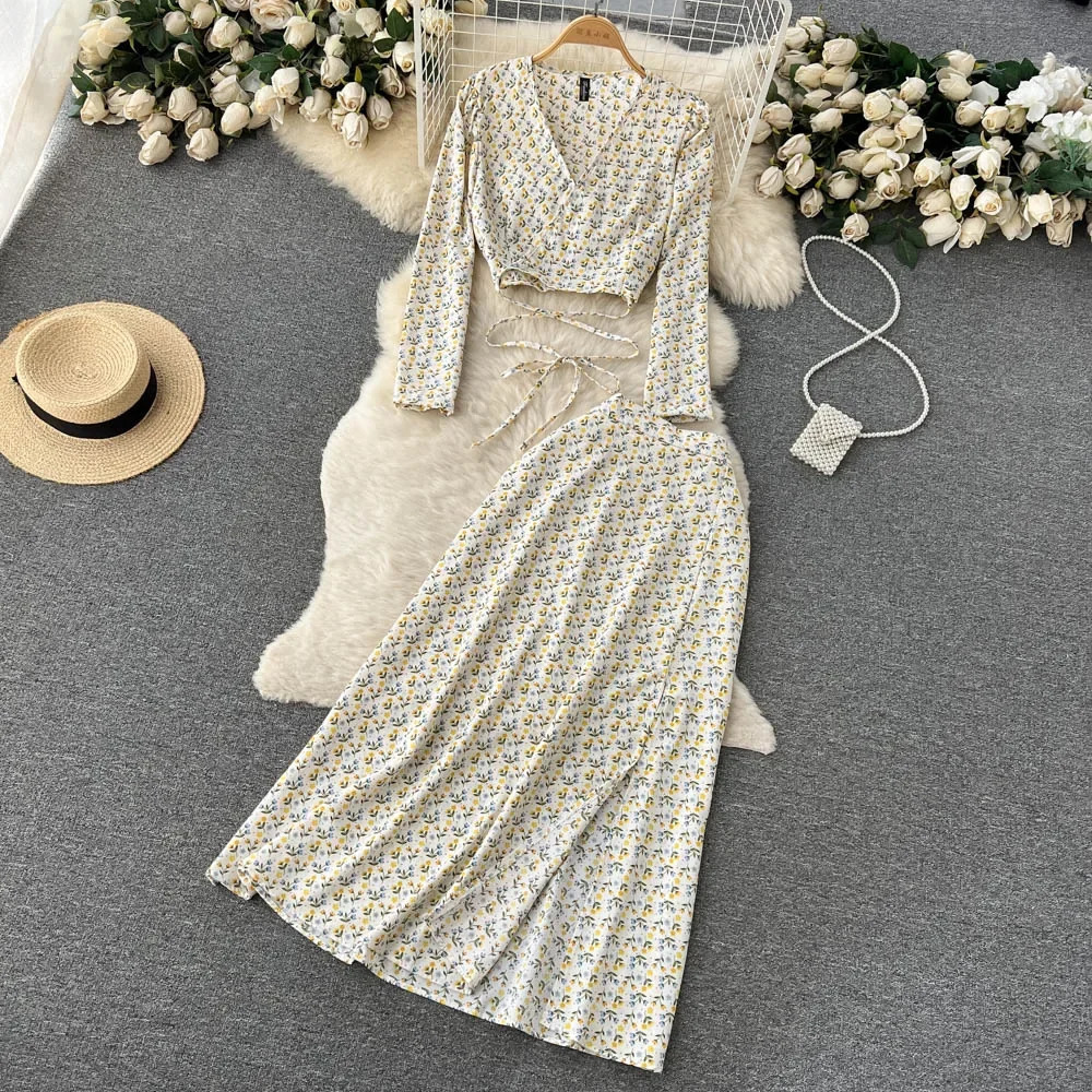 Women Chiffon Vacation Bohemian Two Pieces Suits Summer Lace Up Top Split Long Skirt Sets Y2K Floral Print Beach 240423