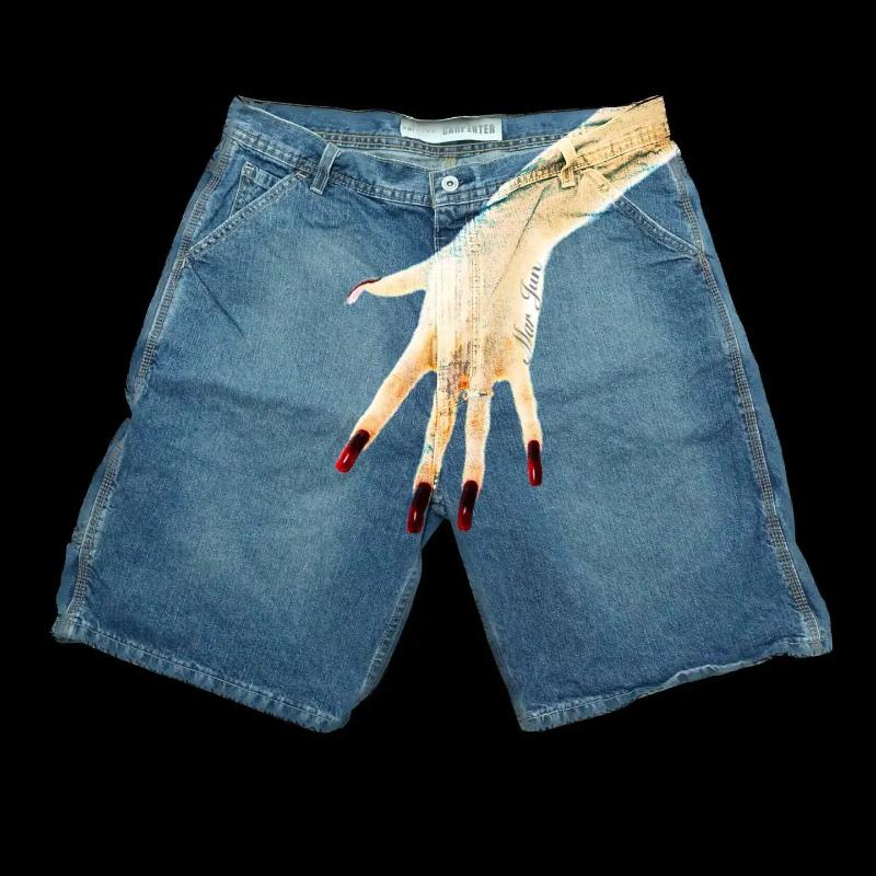 Men's Shorts Streetwear Shorts Y2K Pants Harajuku Hip Hop Finger Print Retro Blue Baggy Denim Gym Short Men Basketball Shorts Over Knee Pants
