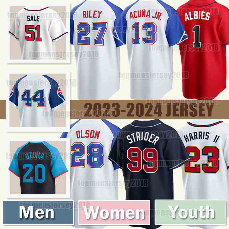 13 Ronald Acuna Jr. Baseball Jersey 28 Matt Olson Austin Riley 1 Ozzie Albies 99 Spencer Strider Chipper Jones 14 Bryan De La Cruz Hank Aaron Orlando Arcia Jarred Kelenic