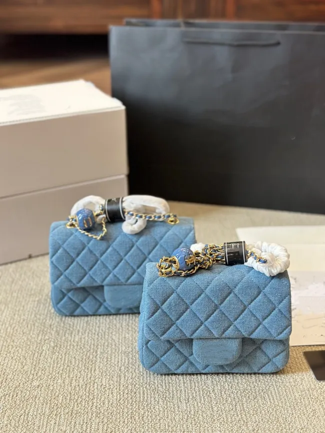 Hot Womens Denim Classic Mini Flap Jeans Pearl Ball Bags Gold Metal Hardware Matelasse Chain Crossbody Shoulder Handbags Quilted Designer Blue Purse Clutch Bag