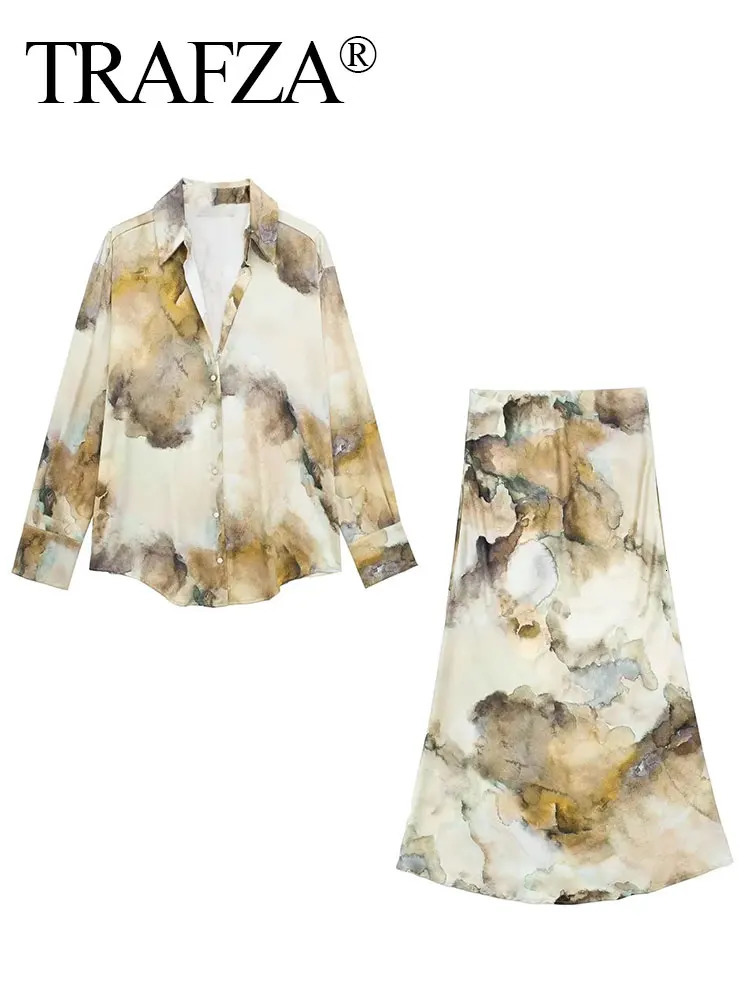 TRAFZA Spring Print Blouse Skirt Sets For Women Tie Dye Long Sleeve Shirts Top Slim Midi Skirts Suit Fashion Streetwear 240423