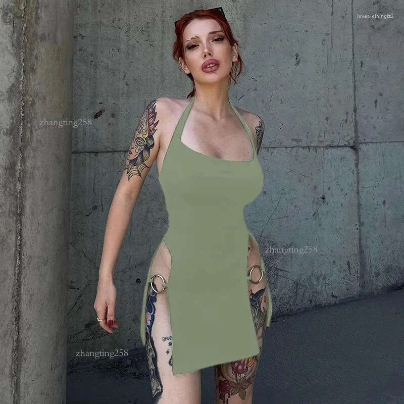 Casual Dresses Goth Dark Backless Mall Gothic Split Sexy Mini Y2k Punk Hollow Out Side Halter Dress Women Grunge O-ring Night Partywear