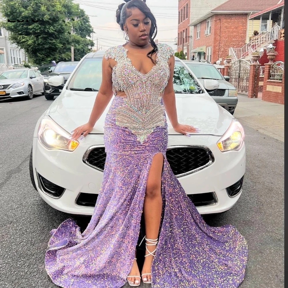 Glitter Purple Sequins Prom Dress For Black Girls High Slit Sier Crystal Beaded Party Gown Robe De Soiree