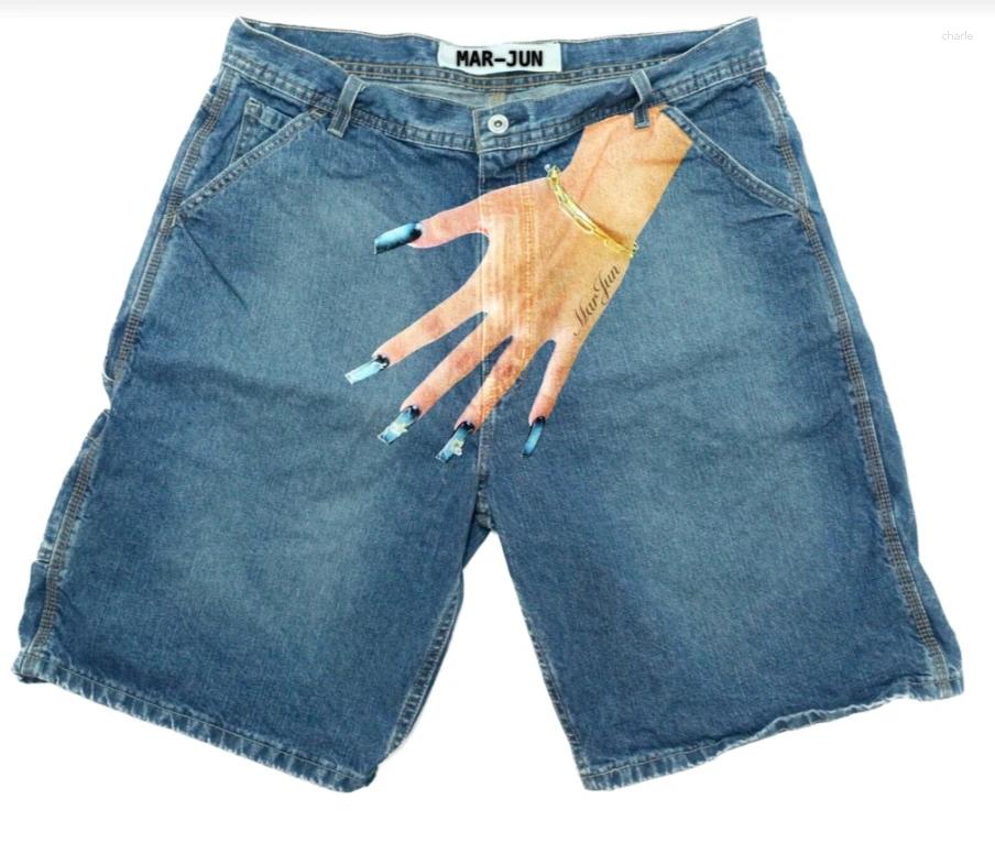 Men's Shorts Streetwear Shorts Y2K Pants Harajuku Hip Hop Finger Print Retro Blue Baggy Denim Gym Short Men Basketball Shorts Over Knee Pants