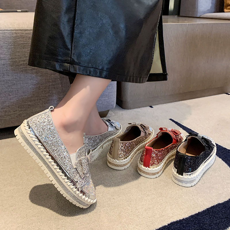 Luxury Designer Shoes Ladies Flat Sequined Sneakers Casual Women's Mesh bow Fine Diamond Sequins Platform Vulcanized Shoes High quality flat shoe