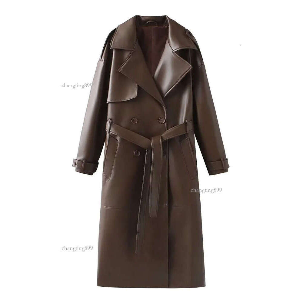 Women's Trench Coats 2024 Chic Burgundy Lace Up Oversized Leather Long Elegant Double Breasted Luxury Solid Jackets Lady Outerwear